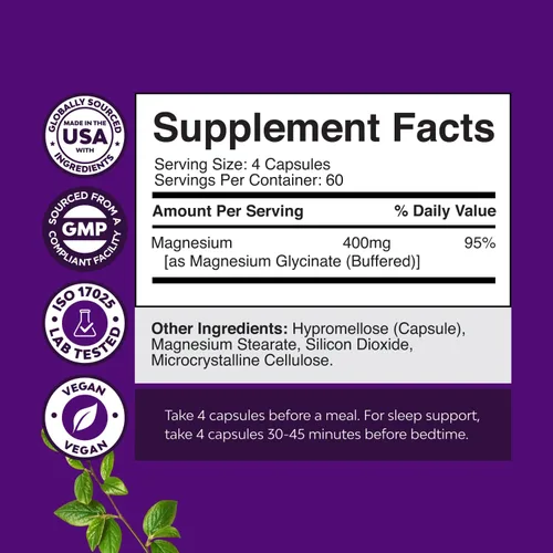 Vista 2 de Paquete de glicinato de magnesio puro de 400 mg por porción para el sueño y la relajación, 240 unidades y gomitas de vitamina D3 para el bienestar