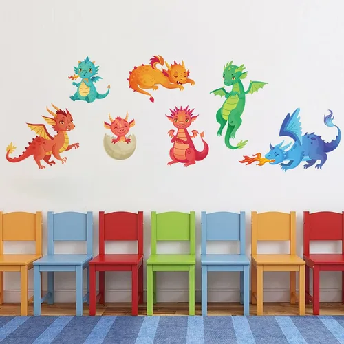 Vista 5 de Calcomanías de pared de dragón grande, calcomanías de pared de dinosaurios 3D de dibujos animados, calcomanías de pared de dinosaurios de dragón