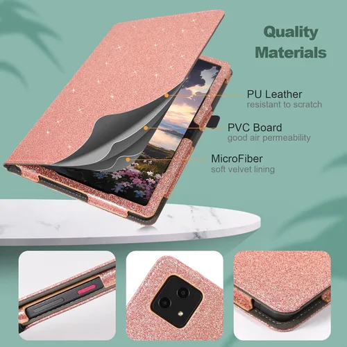 Vista 10 de Funda para tablet T-Mobile Revvl Tab 5G - Funda de piel sintética con soporte para lápices, purpurina oro rosa