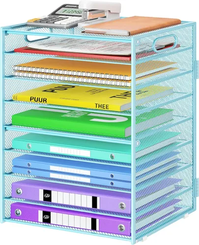 Vista 7 de Cawukege Organizador de papel de 9 niveles con asa, organizador de escritorio de gran capacidad, carpeta de archivos de malla, bandeja de papel