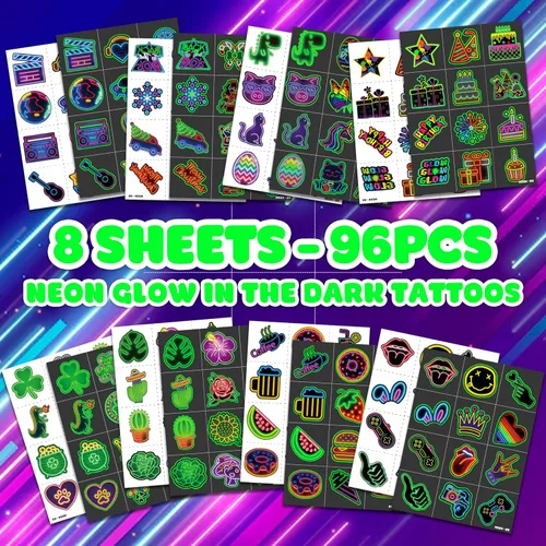 Vista 3 de 96 tatuajes temporales luminosos de neón que brillan en la oscuridad, 8 hojas de calcomanías lindas para niños, recuerdos de fiesta de cumpleaños