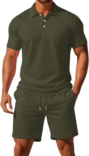 Vista 8 de Conjunto deportivo de 2 piezas para hombre, conjunto deportivo casual de polo y pantalones cortos, conjunto deportivo de verano, playa, talla grande