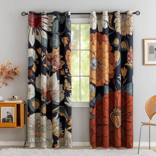Vista 15 de Tyrot - Cortinas bohemias florales 100% opacas para dormitorio de 63 pulgadas de largo, 2 paneles. Cortinas botánicas de mediados de siglo