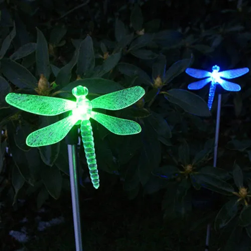 Vista 2 de Paquete de 2 luces solares de jardín al aire libre, impermeable, luz LED que cambia de color, libélula solar para paisaje, luz de estaca