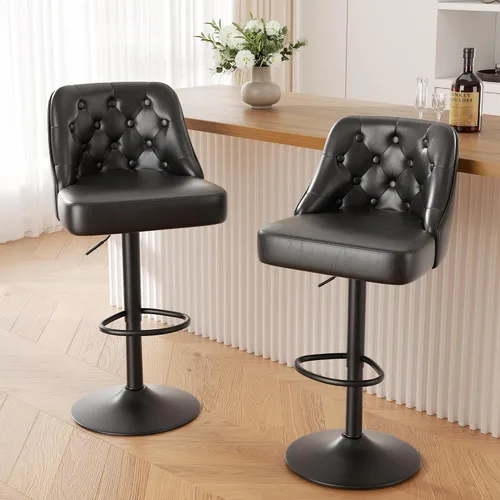 Vista 19 de Juego de 2 taburetes de bar, taburete de bar ajustable con respaldo, sillas de bar tapizadas de piel sintética, taburetes de bar giratorios modernos
