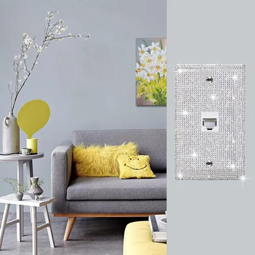Vista 30 de Placa de pared con diamantes de imitación plateados brillantes plateados, placa de cubierta de interruptor de luz, cubierta de enchufe de grano