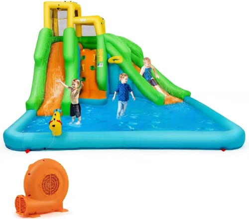 Vista 9 de Boundtech - Casa inflable para saltar, para usar en la alberca, con dos toboganes, pared de escalada, aro de baloncesto, alberca para sambullirse