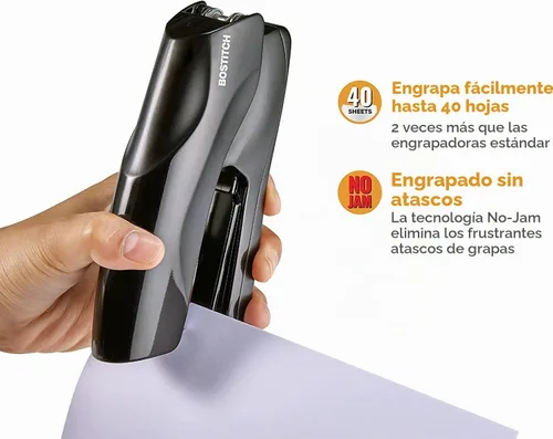 Vista 6 de Bostitch Grapadora de oficina resistente, grapadora de 40 hojas para escritorio, tira completa, incluye 1260 grapas, color negro