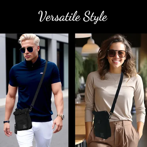 Vista 5 de Foldable Top Black Nylon Sling Bag with Back Mesh Pocket Versatile Crossbody Phone Pouch - Unisex Design