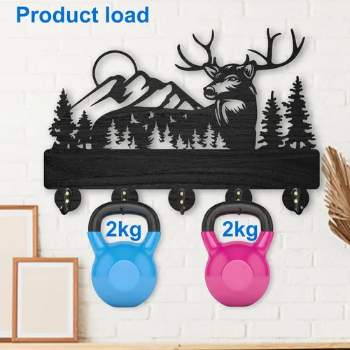 Vista 9 de MAYJOYDIY Perchero de pared de madera con 5 ganchos, diseño de ciervo de bosque negro, soporte para llaves y organizador para entrada, pasillo, sala
