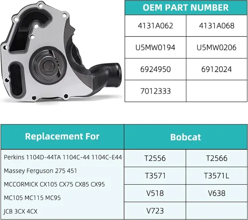 Vista 5 de AULINK Bomba de agua U5MW0206 6924950 6912024 7012333 para Perkins 1104D-44TA 1104C-44 1104C-E44, Massey Ferguson 275 451, Bobcat T2556 T2566 T3577