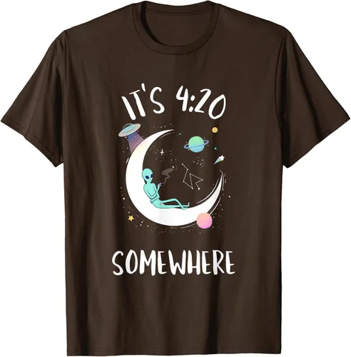 Vista 6 de Funny Weed Joint Smoking Moon Alien It's 4:20 Somewhere Camiseta, Negro, S