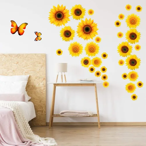 Vista 5 de Tenare 116 calcomanías de pared de girasol, calcomanías de mariposa 3D, autoadhesivas, girasol, flores amarillas, mariposa, impermeable, decoración