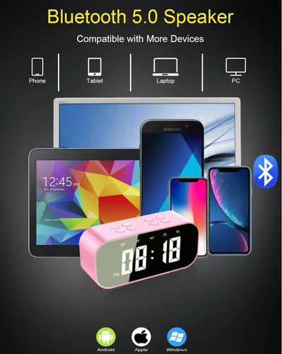 Vista 4 de AFK Reloj despertador con altavoz Bluetooth para dormitorio, pequeño reloj digital con doble alarma, repetición, pantalla LED de espejo para niñas