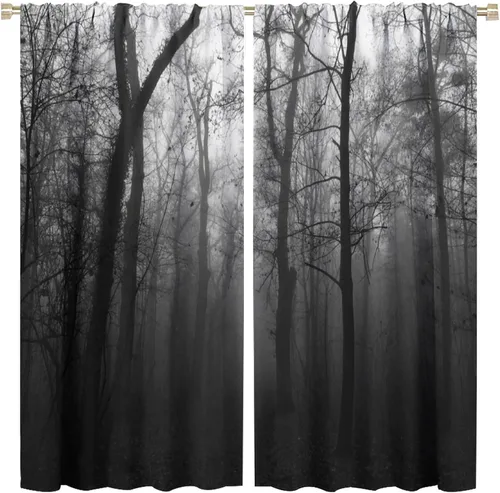 Vista 12 de Cortinas góticas rústicas con estampado de cuervo de bosque brumoso, rama, luna, bolsillo para barra, cortinas de ventana para dormitorio, sala