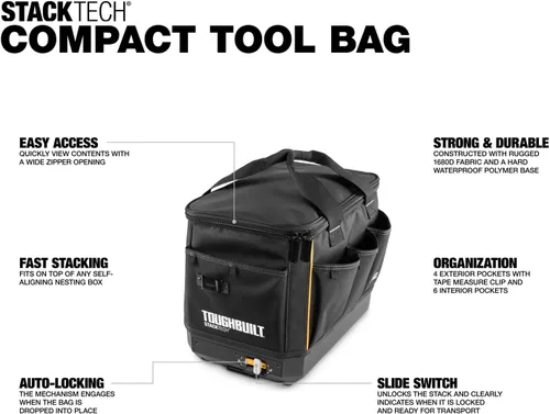 Vista 2 de ToughBuilt StackTech Bolsa de herramientas con cremallera de 11 pulgadas, sistema de bloqueo automático con apertura amplia, tela 1680D y base dura