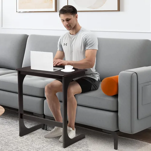 Vista 2 de Mesa auxiliar de bambú para sofá, mesa de TV ajustable en forma de C con mesa ajustable de 7 ángulos y tapón, escritorio portátil para computadora