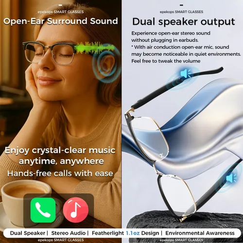 Vista 2 de Lentes inteligentes AI de audio Bluetooth con lentes fotocromáticos, traducción, música, llamadas, asistente de voz, altavoces estéreo de oreja