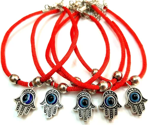 Vista 4 de Treasure4U-store 5 pulseras de cuerda roja de cábala con mano Hamsa y protección contra el mal de ojo azul pulseras ajustables con dije