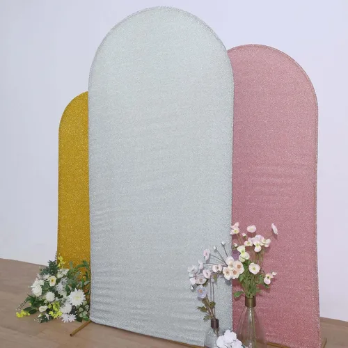 Vista 26 de Efavormart - Marco de fondo redondo de elastano dorado antiguo brillante de 5 pies, cubierta metálica brillante para arco de boda de 2 lados