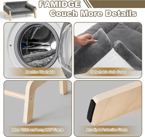 Vista 4 de FAMIDGE Sofá Cama de Gato Elevada para Gatos de Interior - Sofá de Mascotas de Madera con Funda Gruesa Lavable Removible Silla de Salón Elevada
