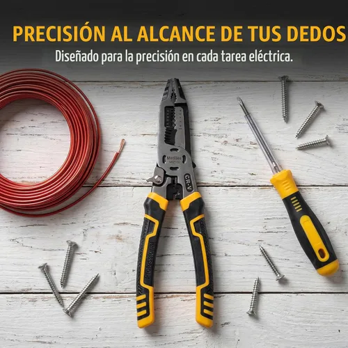 Vista 3 de Herramienta pelacables 8 en 1, alicates de electricista multifunción CR-V de 9 pulgadas, ideal para pelar, cortar, engarzar y sujetar cables. Agarre