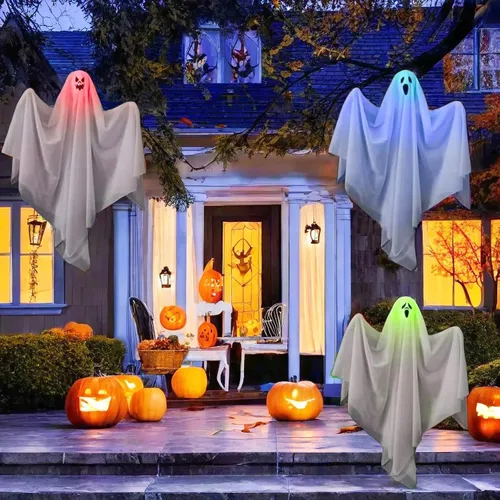 Vista 5 de Paquete de 3 decoraciones de fiesta de Halloween de 25.5 pulgadas, fantasmas colgantes lindos para patio delantero, patio, césped, jardín