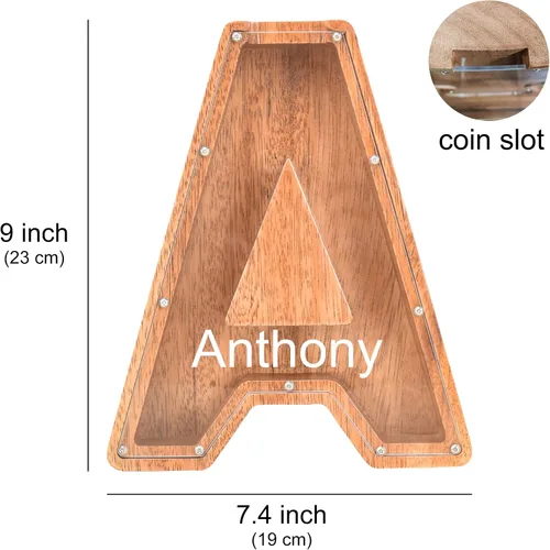 Vista 5 de Alcancías con nombre personalizado para niños, alcancía de letras personalizadas, banco de dinero del alfabeto de madera, regalos para niños