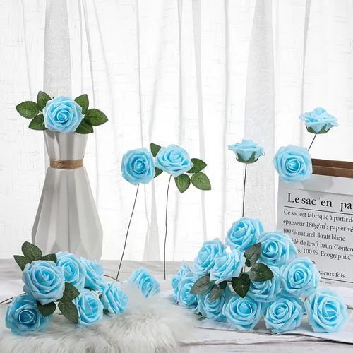 Vista 2 de Syhood Rosas artificiales de espuma vintage, ramos de flores falsas vintage con hojas y tallos para bodas, despedidas de soltera, fiestas, centros