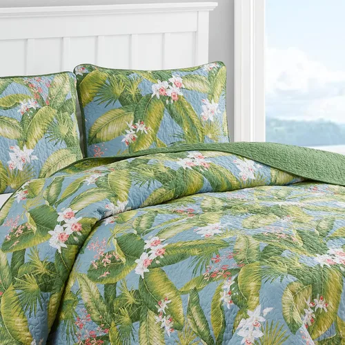 Vista 5 de Tommy Bahama Juego de edredón reversible de algodón con fundas a juego, decoración ligera del hogar para todas las estaciones, Queen, verde/azul
