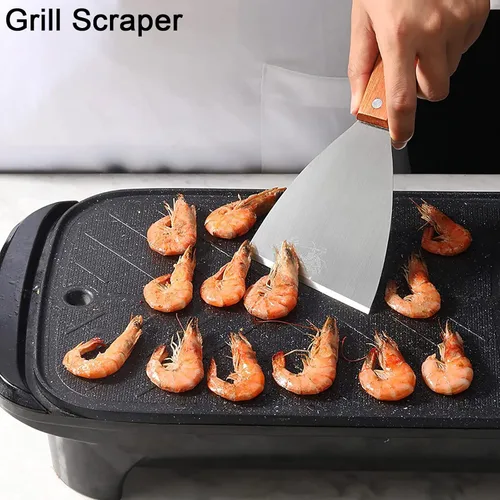 Vista 6 de Rascadores de parrilla de acero inoxidable prémium con borde inclinado, mango de madera para cocinar barbacoas, paquete de 2
