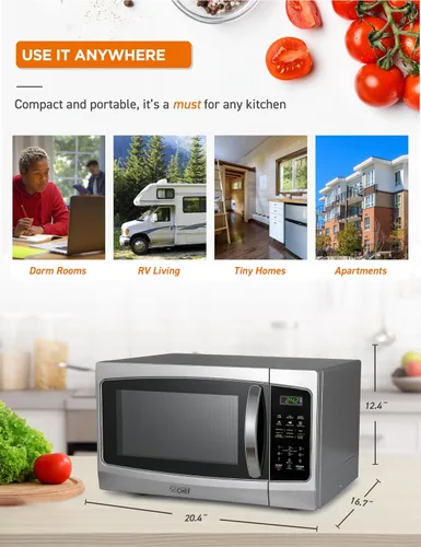 Vista 7 de Microondas Commercial Chef 1,3 pies cúbicos con 10 niveles de potencia, microondas con cerradura de puerta de tira, microondas de encimera de 1000W