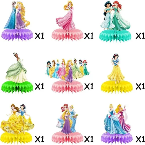 Vista 4 de Para suministros de fiesta de cumpleaños de princesas de Disney, 9 piezas de centros de mesa de panal para decoraciones de fiesta de princesas