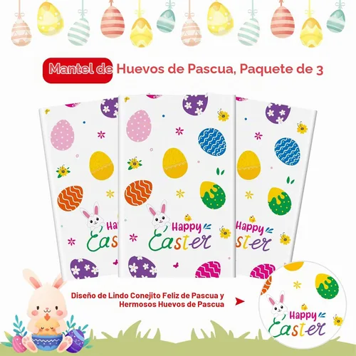 Vista 5 de Mantel de Pascua de 3 piezas, funda de mesa de conejo de Pascua, mantel rectangular de plástico desechable con huevos coloridos para primavera, día