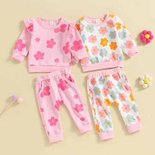 Vista 2 de MAYUMMPY Conjunto de 2 piezas de sudadera con cuello redondo floral y pantalones para bebé niña