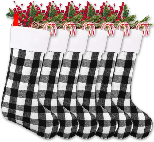 Vista 9 de YUJUN Paquete de 6 medias de Navidad de 22 pulgadas, medias grandes de Navidad a cuadros de búfalo negro y rojo, decoraciones colgantes para árbol