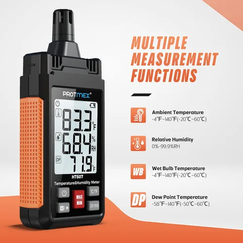 Vista 2 de Protmex HT607 Medidor de temperatura y humedad higrómetro digital de alta precisión con ambiente, humedad relativa, punto de rocío, termómetro