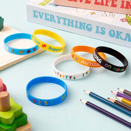 Vista 6 de WATINC Pulseras de silicona para concientización sobre el autismo, 6 piezas de rompecabezas coloridas, cintas elásticas, pulseras de goma