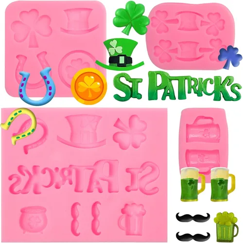 Vista 10 de Moldes de fondant del día de San Patricio, moldes de silicona para sombrero irlandés de trébol, herradura para barba, chocolate para hornear