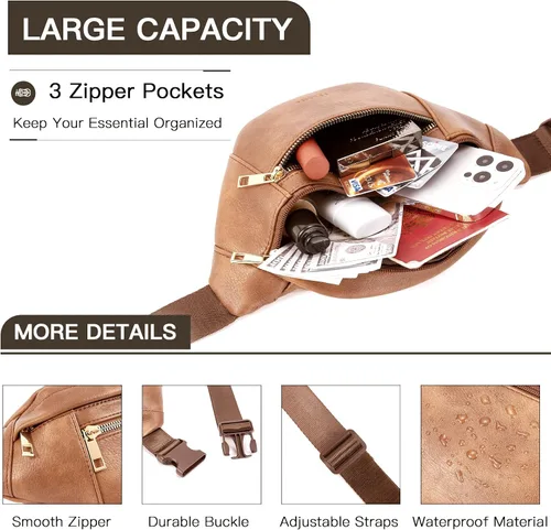 Vista 4 de Telena Riñonera de cuero para mujer, riñoneras de moda para mujer, bolsa cruzada para el cuerpo, 219-marrón camello