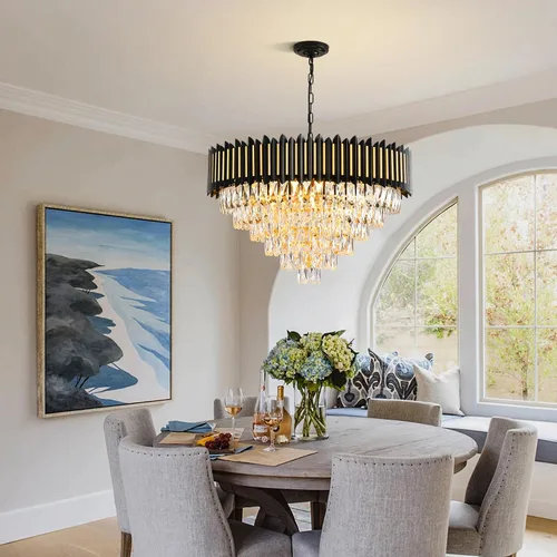 Vista 2 de Candelabro moderno de cristal negro y dorado de 15 luces para comedor, sala de estar, redondo, 6 niveles, contemporáneo, colgante de techo, lámpara