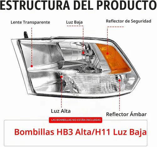 Vista 2 de PetGirl Conjunto de faros delanteros compatible con Dodge Ram 1500 2500 3500 2009-2018 Pickup con lámpara de parachoques, carcasa cromada, reflector