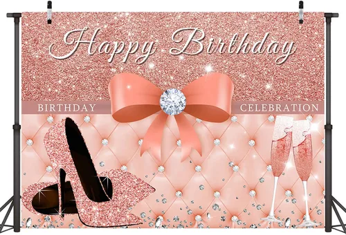 Vista 2 de Sensfun Cartel de fondo de feliz cumpleaños de oro rosa para mujer, decoraciones de fiesta de cumpleaños con purpurina, tacones rosados con lazo