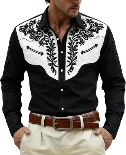 Vista 9 de Camisas occidentales para hombre, manga larga, con solapa bordada, color negro, vestido de festival para hombres, ropa vaquera, ropa floral