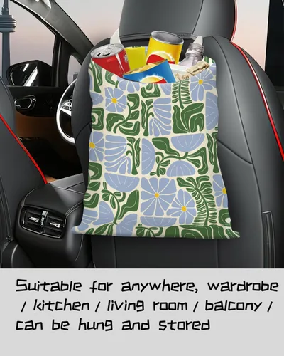 Vista 4 de Basurero para automóvil, bolsa de basura para colgar en el respaldo del asiento, bonita bolsa de basura de lona, papelera esencial para automóvil