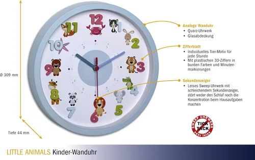 Vista 3 de TFA Dostmann Kids - Reloj de pared para niños, 60.3051.14, con motivos de animales, profesor de tiempo, sin tictac de cuarzo Azul claro