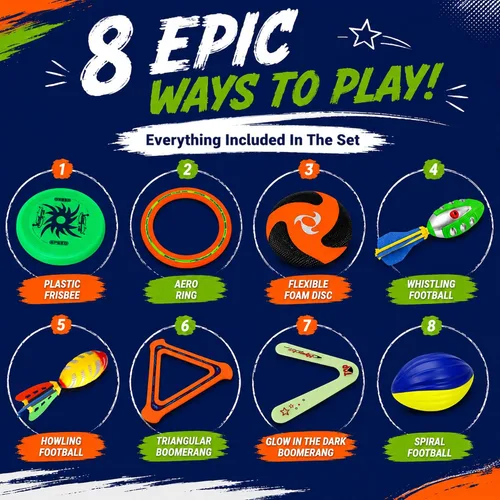Vista 4 de Juego combinado deportivo 8 en 1 – Los mejores juegos familiares al aire libre para patio trasero con fútbol de espuma, discos voladores, anillos