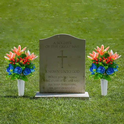 Vista 5 de XONOR Flores artificiales de cementerio para tumba, juego de 4 flores artificiales conmemorativas con jarrón para cementerio al aire libre, lápidas
