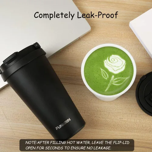 Vista 8 de Funkrin Taza de café aislada con revestimiento de cerámica, taza de café helado de 16 onzas con tapa abatible y asa, taza de viaje a prueba de fugas