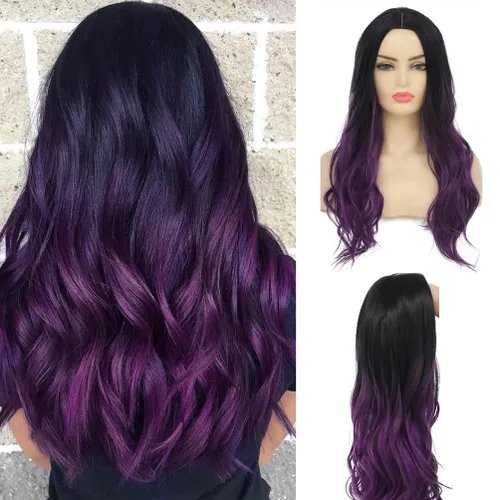 Vista 6 de Baruisi Long Curly Wavy Ombre Black Green Wig Synthetic Natural Middle Part Cosplay Costume Hair Wigs for Women